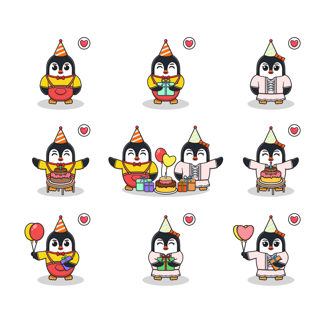 Group of cartoon penguins with birthday hats.