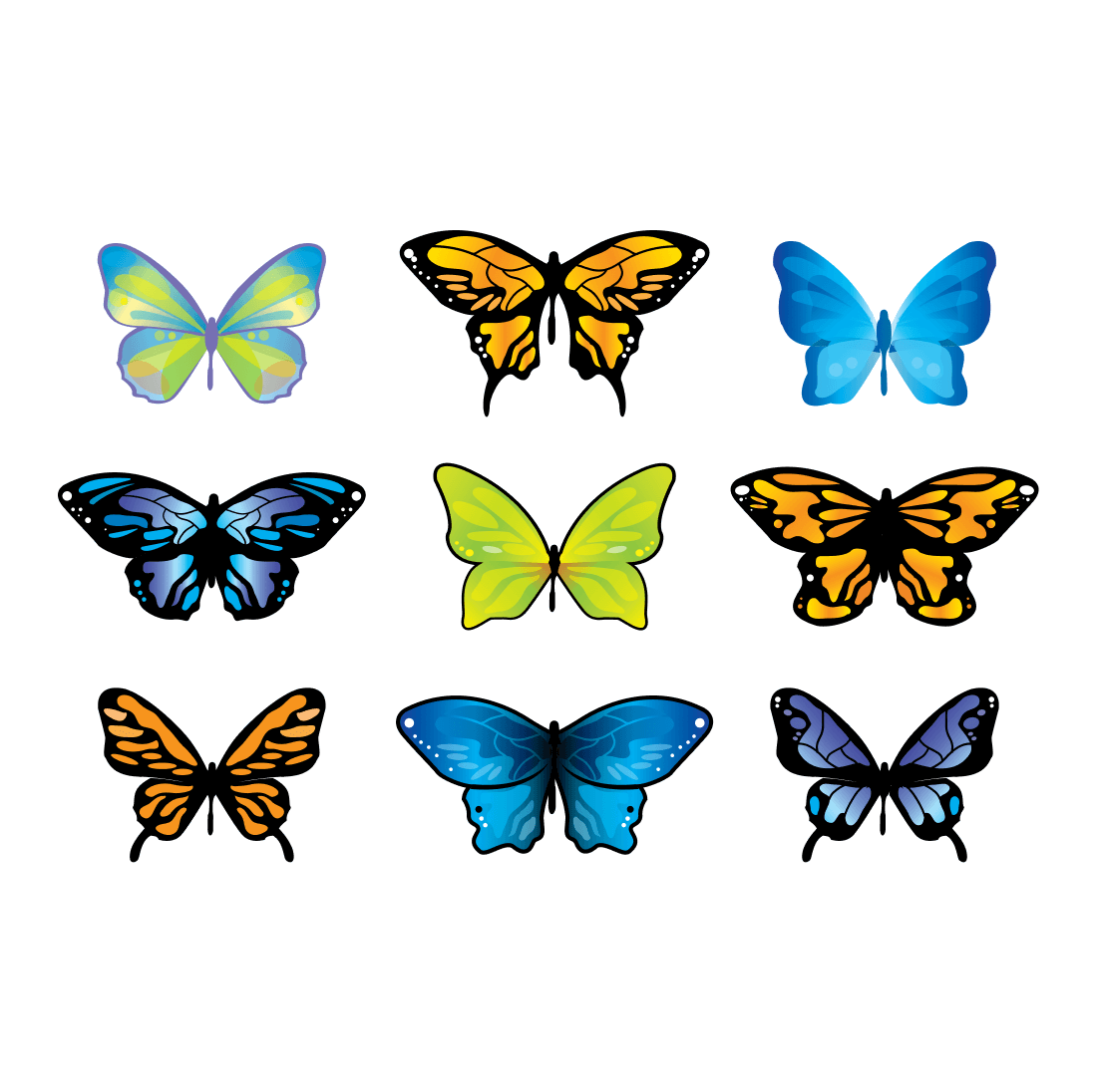 Blue, orange and green butterflies.