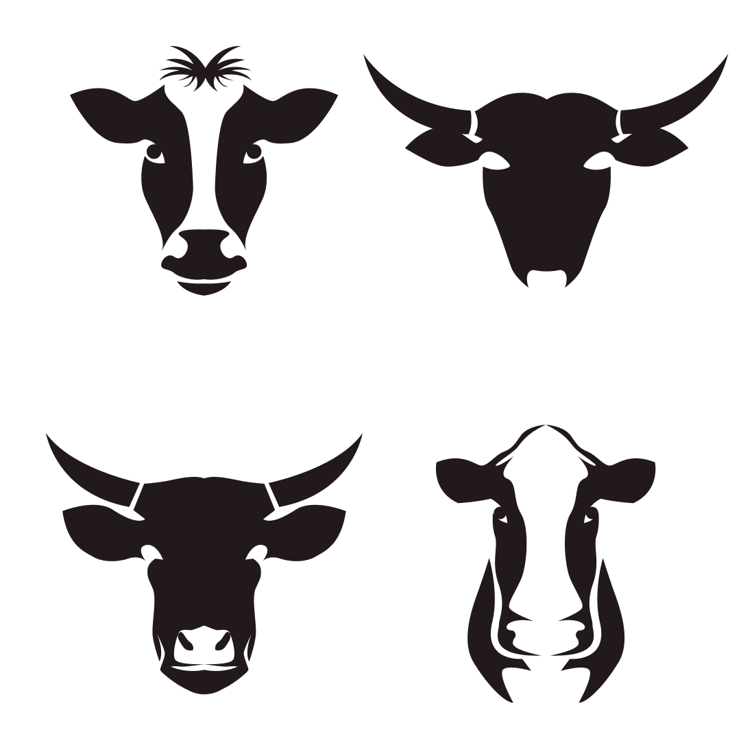 Black cow heads with white spots and a big nose.