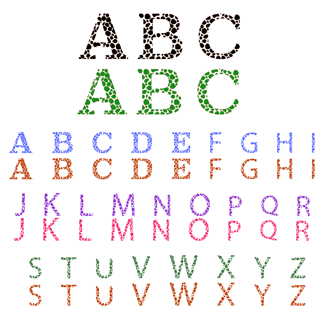 The colored alphabet is created using a cow print.