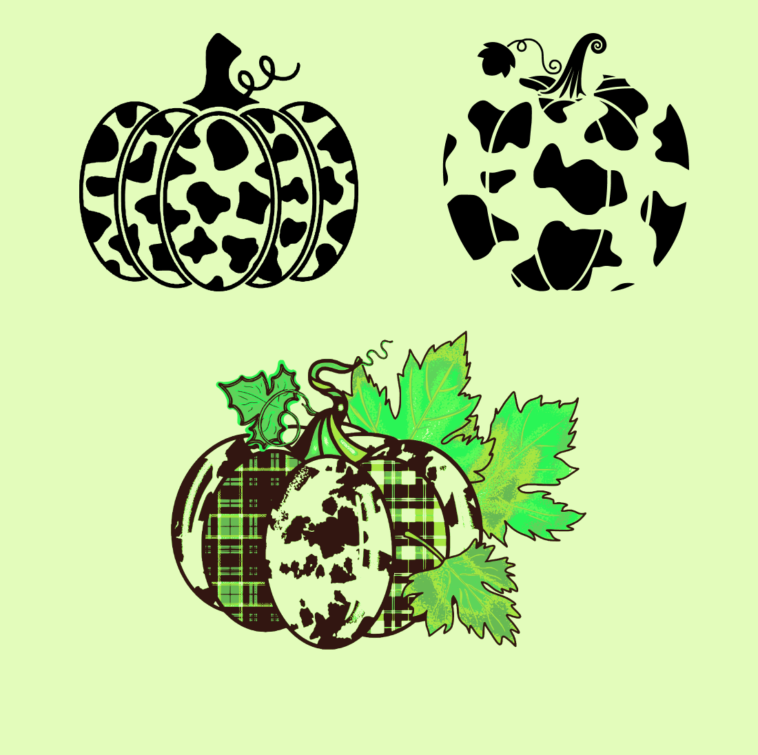 Green background with black and white pumpkins.