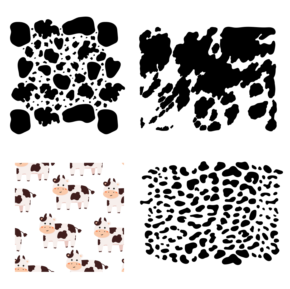Images of prints with cow coloring, as well as small cows with black spots.