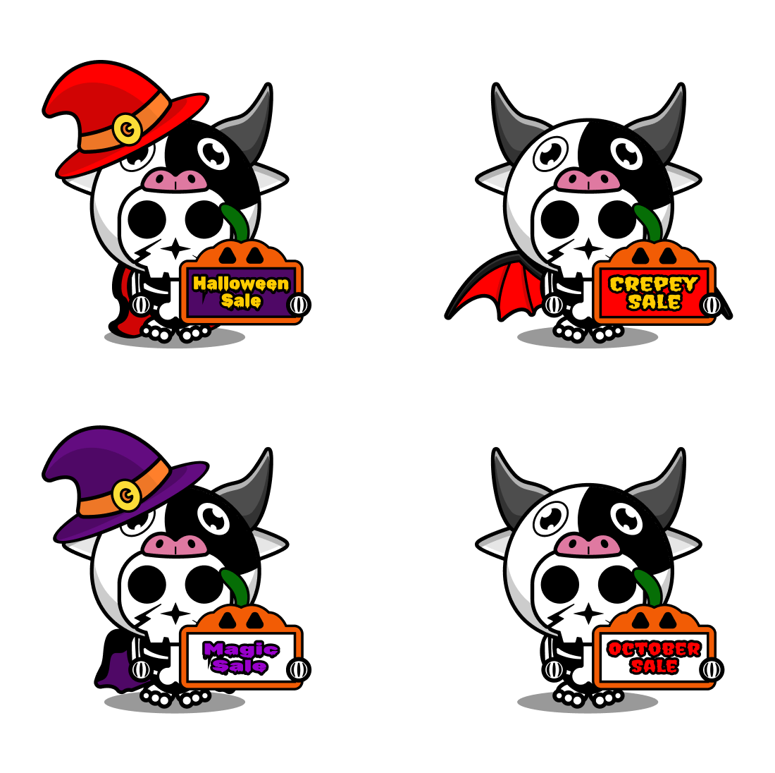 Set of four halloween stickers with a cow holding a sign.