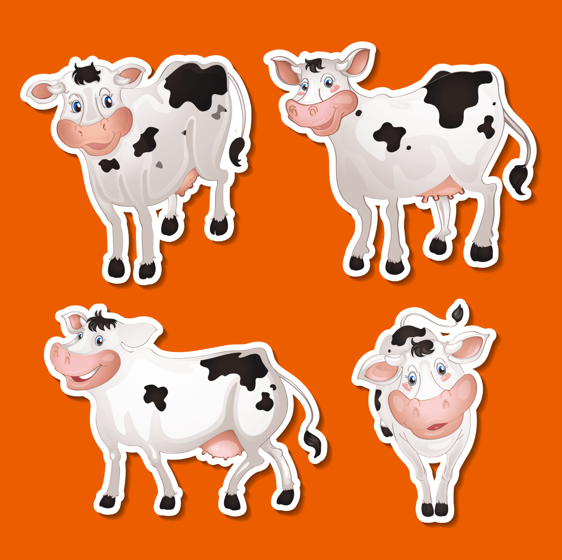 Four cheerful cows with kind eyes and funny bangs.