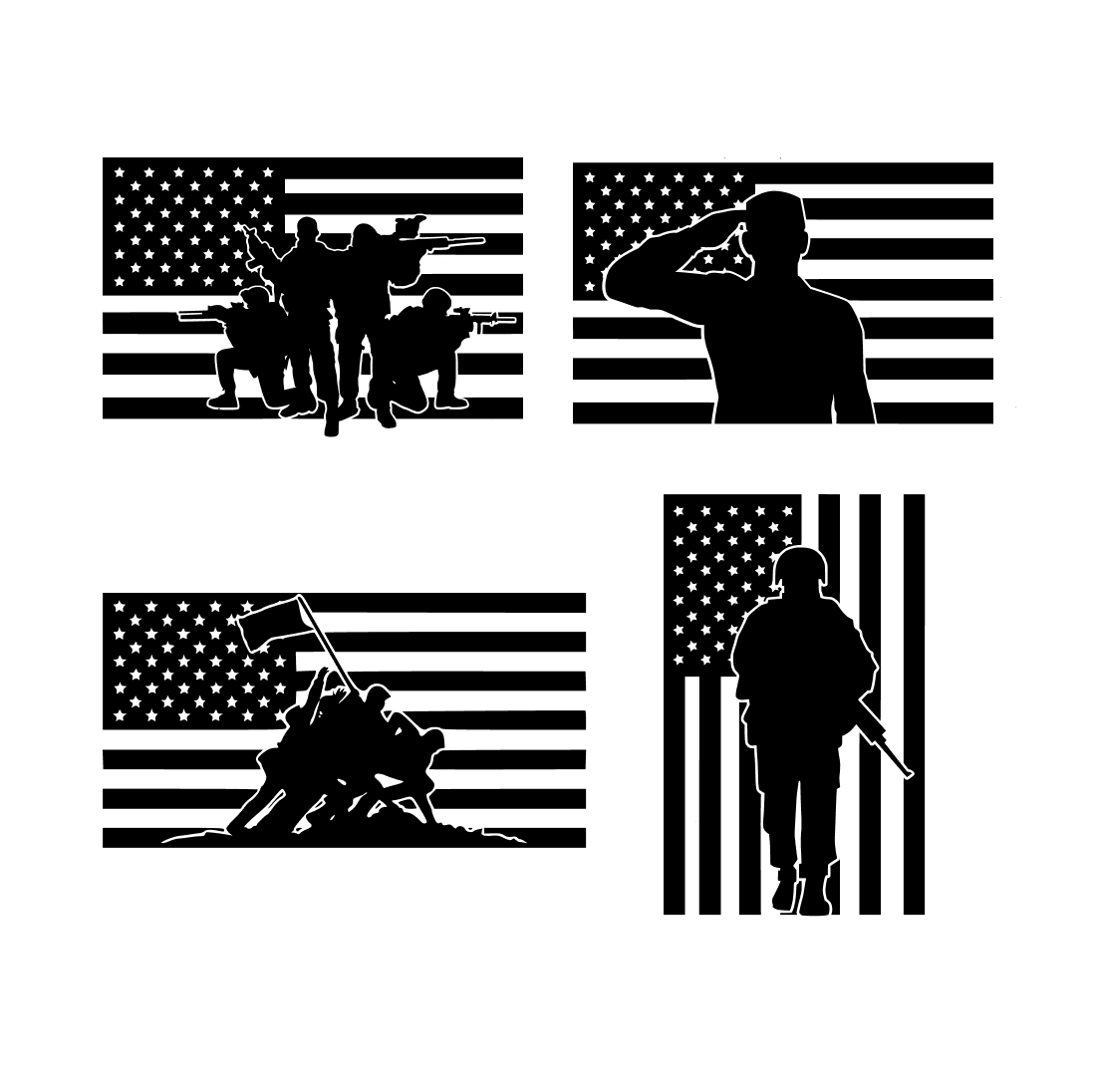 Military silhouettes on the background of the American flag in black and white.