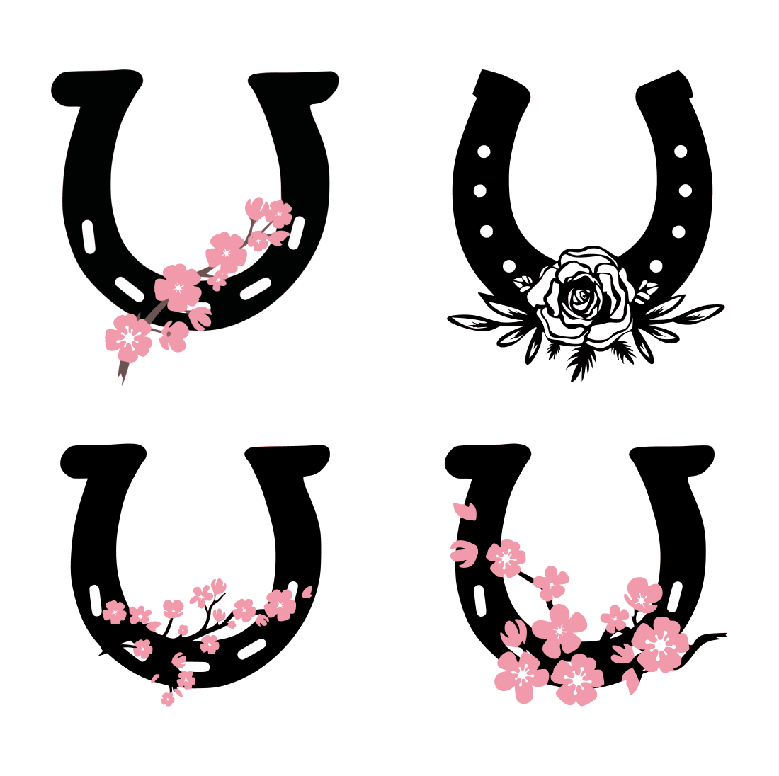 Set of four horseshoes with flowers on them.