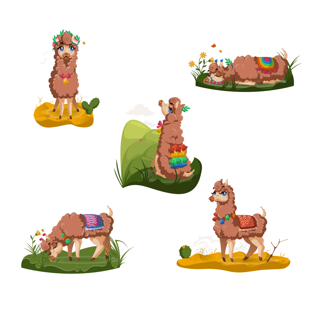 Set of four llamas with different outfits.