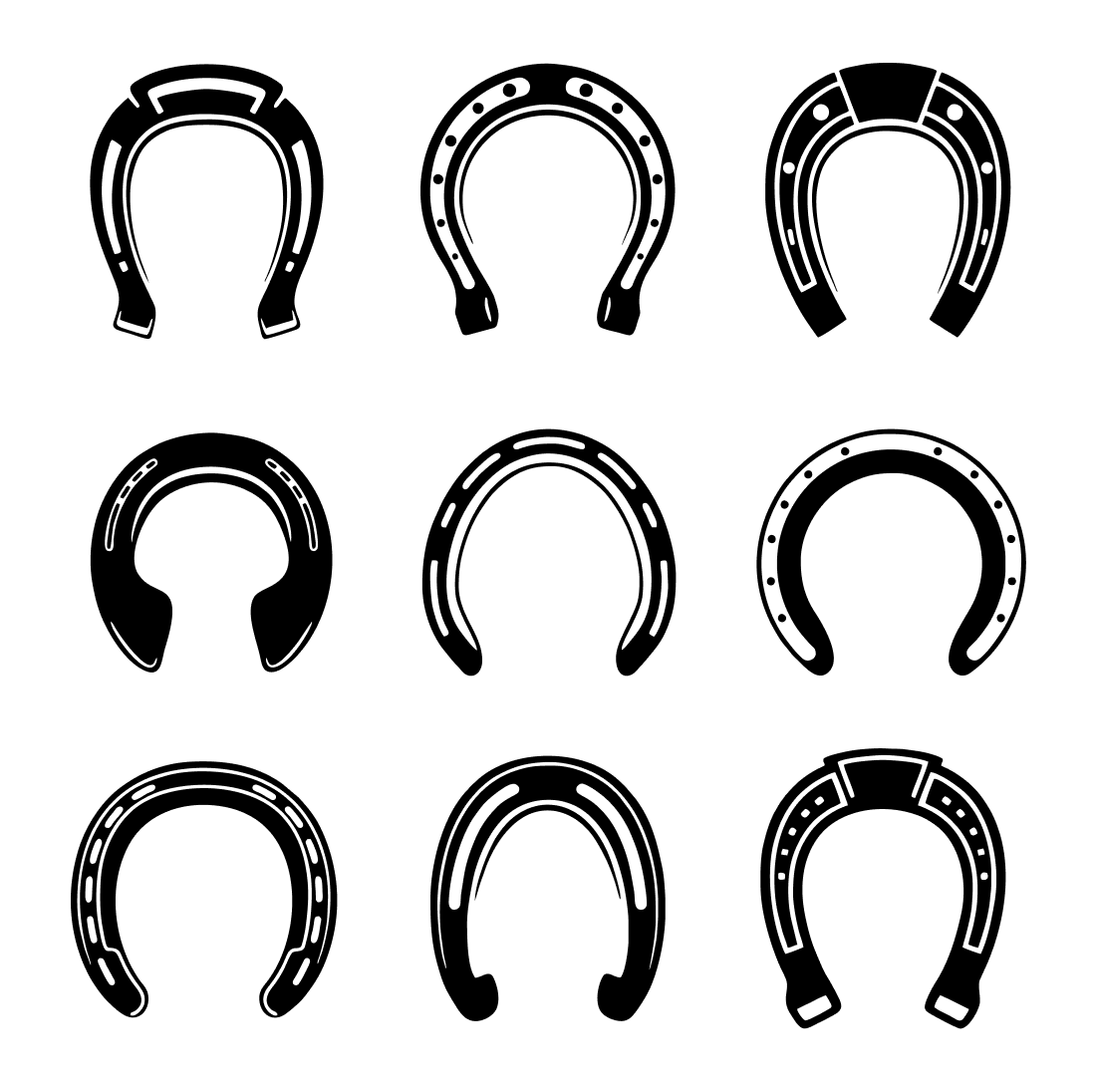 Set of black horseshoes on a white background.