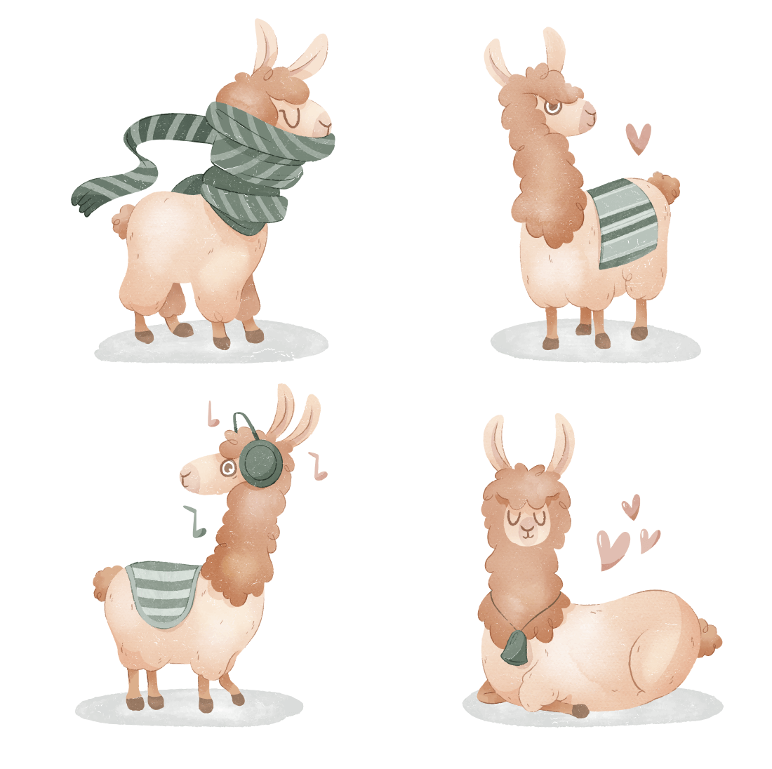 Set of four llamas with hats and scarves.