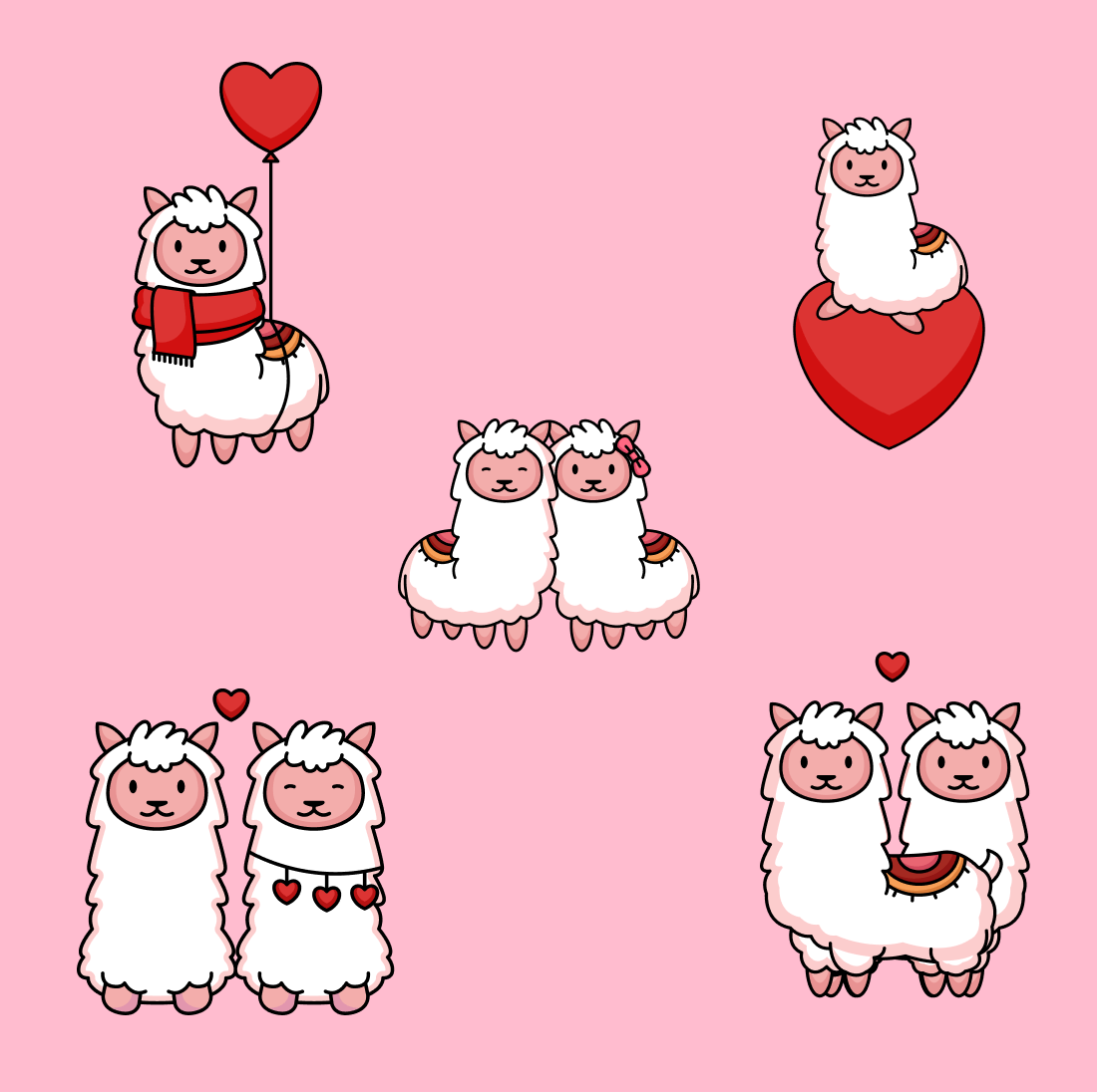 Group of llamas with a heart on a pink background.