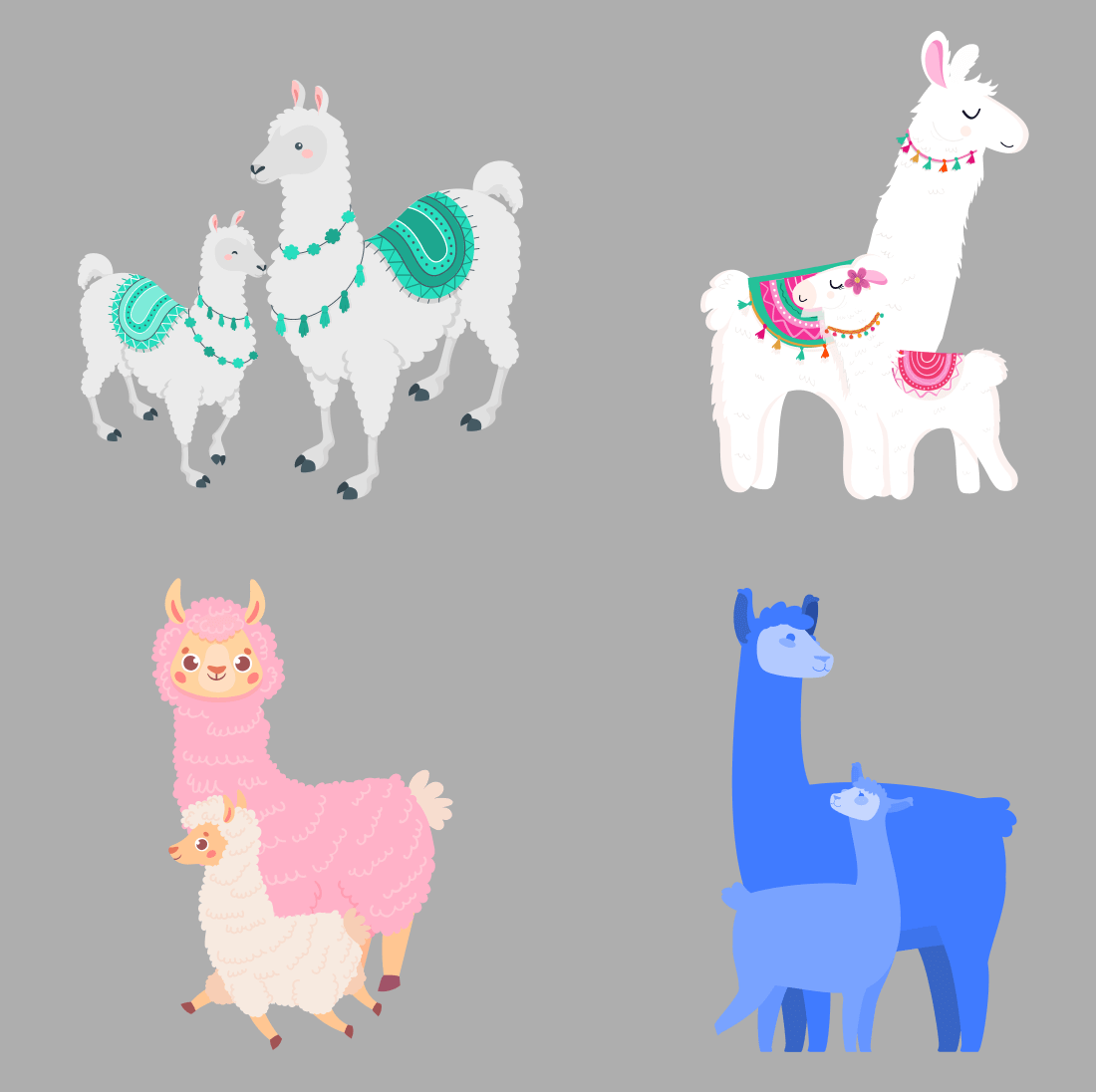 Group of llamas and alpacas in different colors.