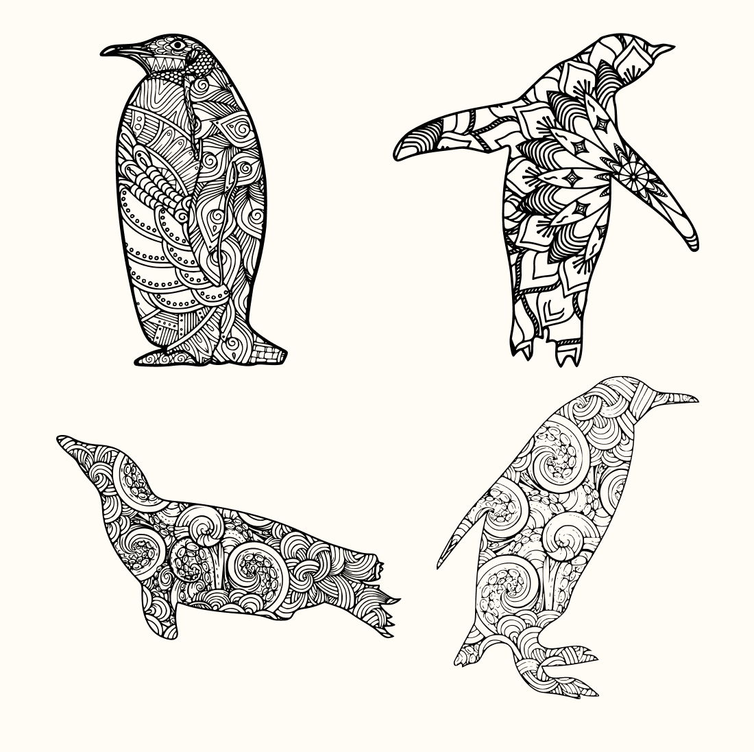 Four penguins with different patterns on them.