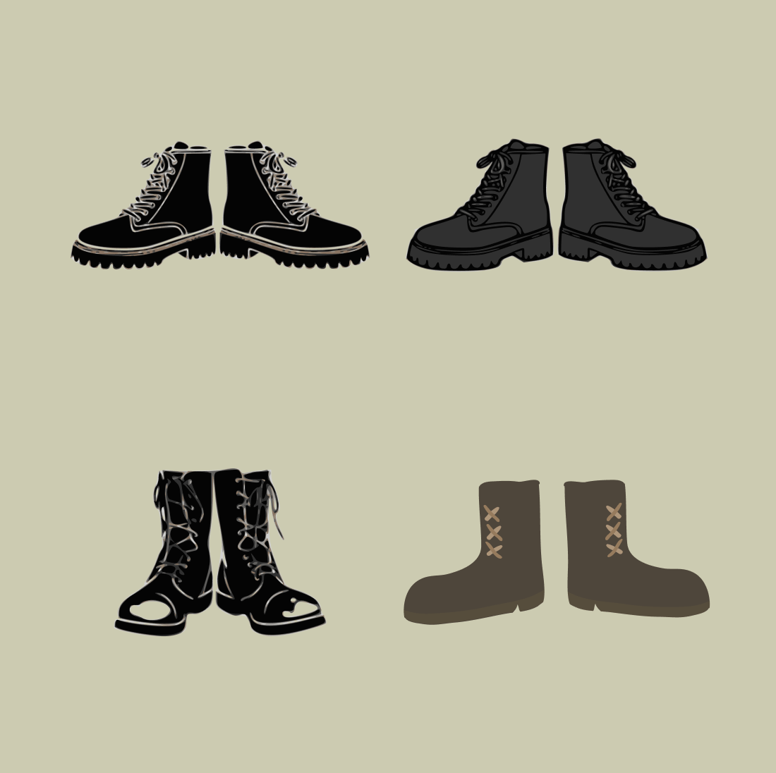 Military boots with laces.