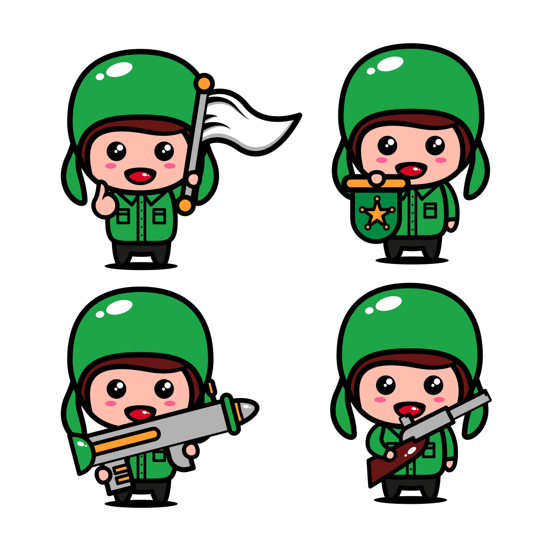 Military kid in green uniforms.