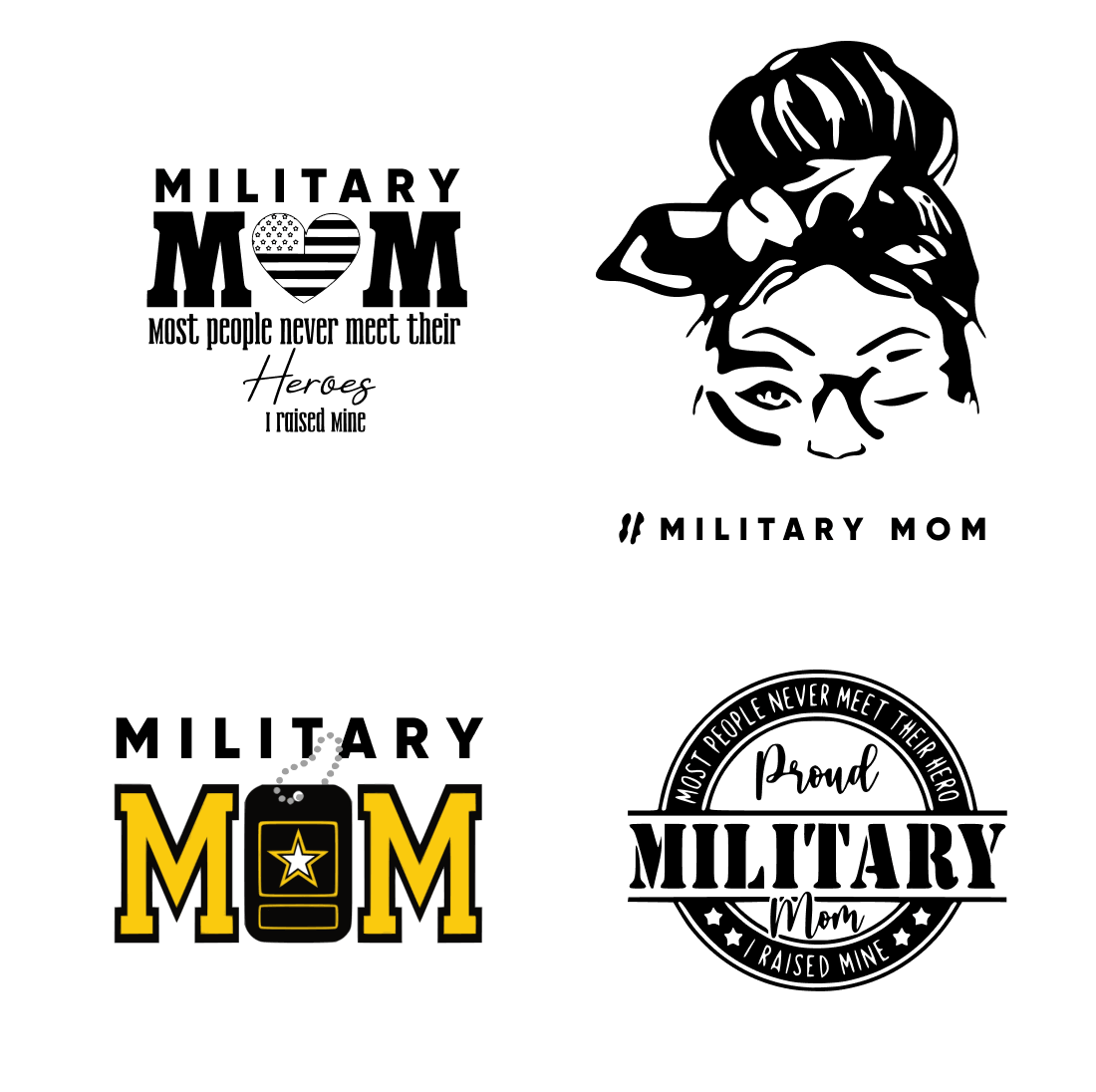 Four black and white and yellow logos for the military mom.