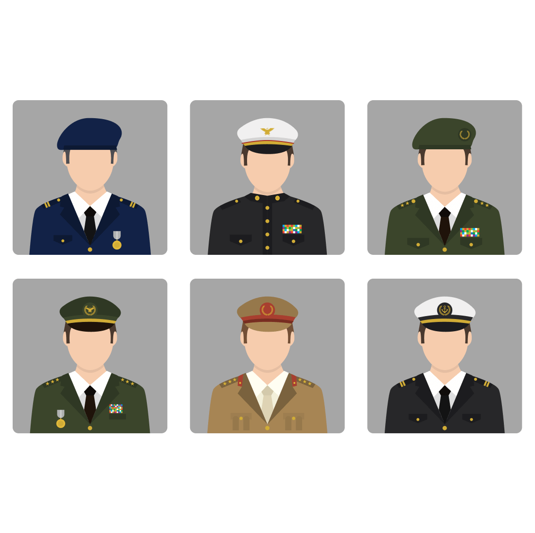 Military clothes in blue, green, black and beige colors.