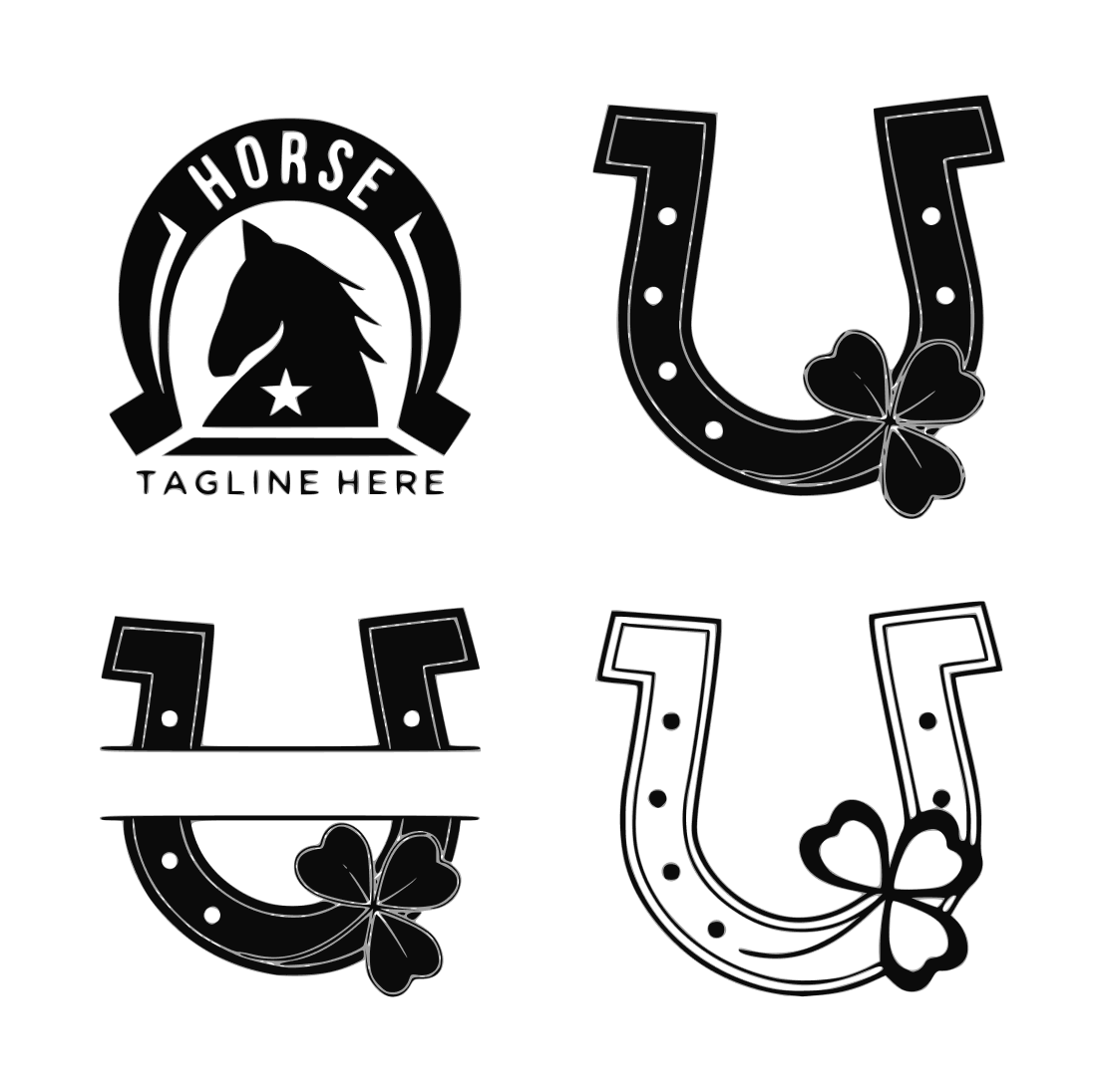 Four different logos for horses and horseshoes.