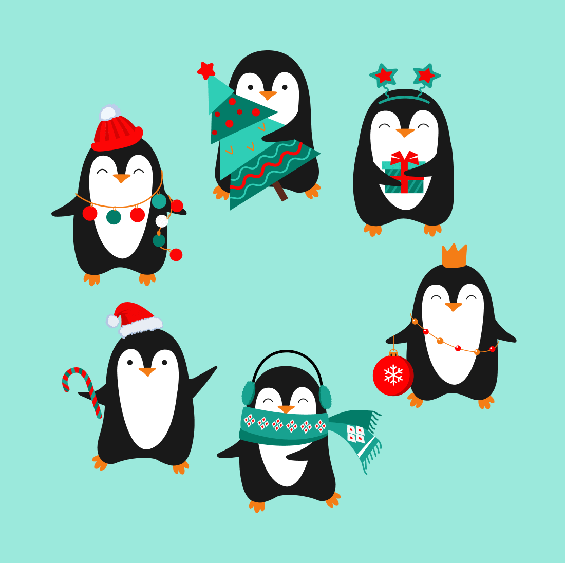 Group of penguins wearing christmas hats and scarves.