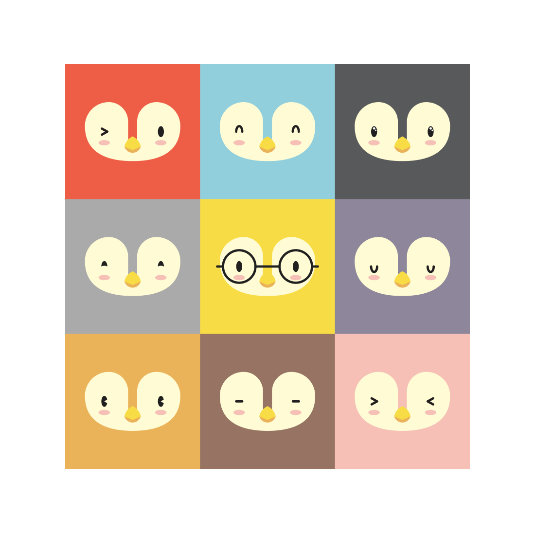 Group of cartoon faces with different expressions.