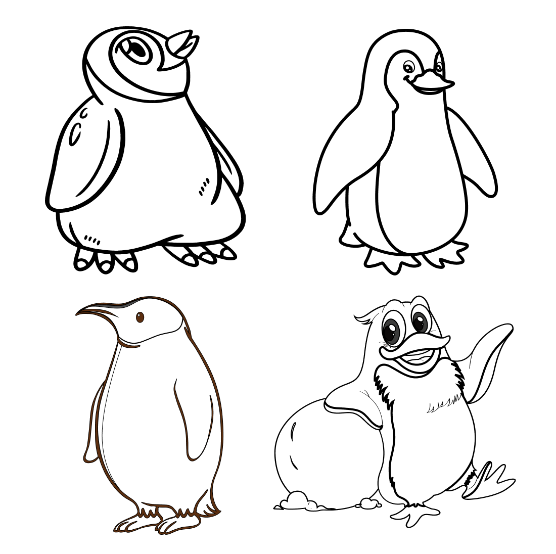 Penguins with big paws are drawn in outline on a white background.