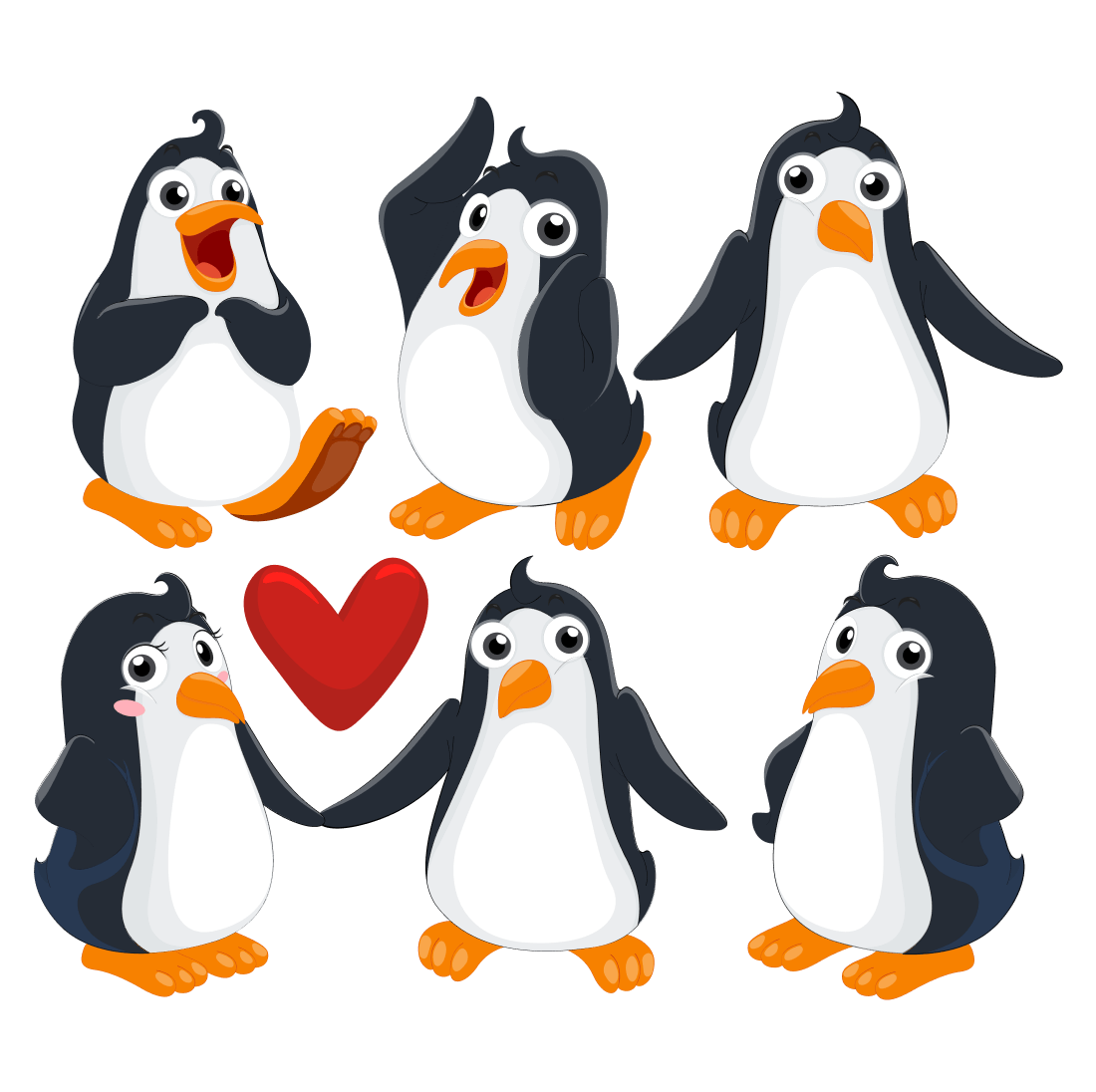 Set of penguins with different poses and emotions.