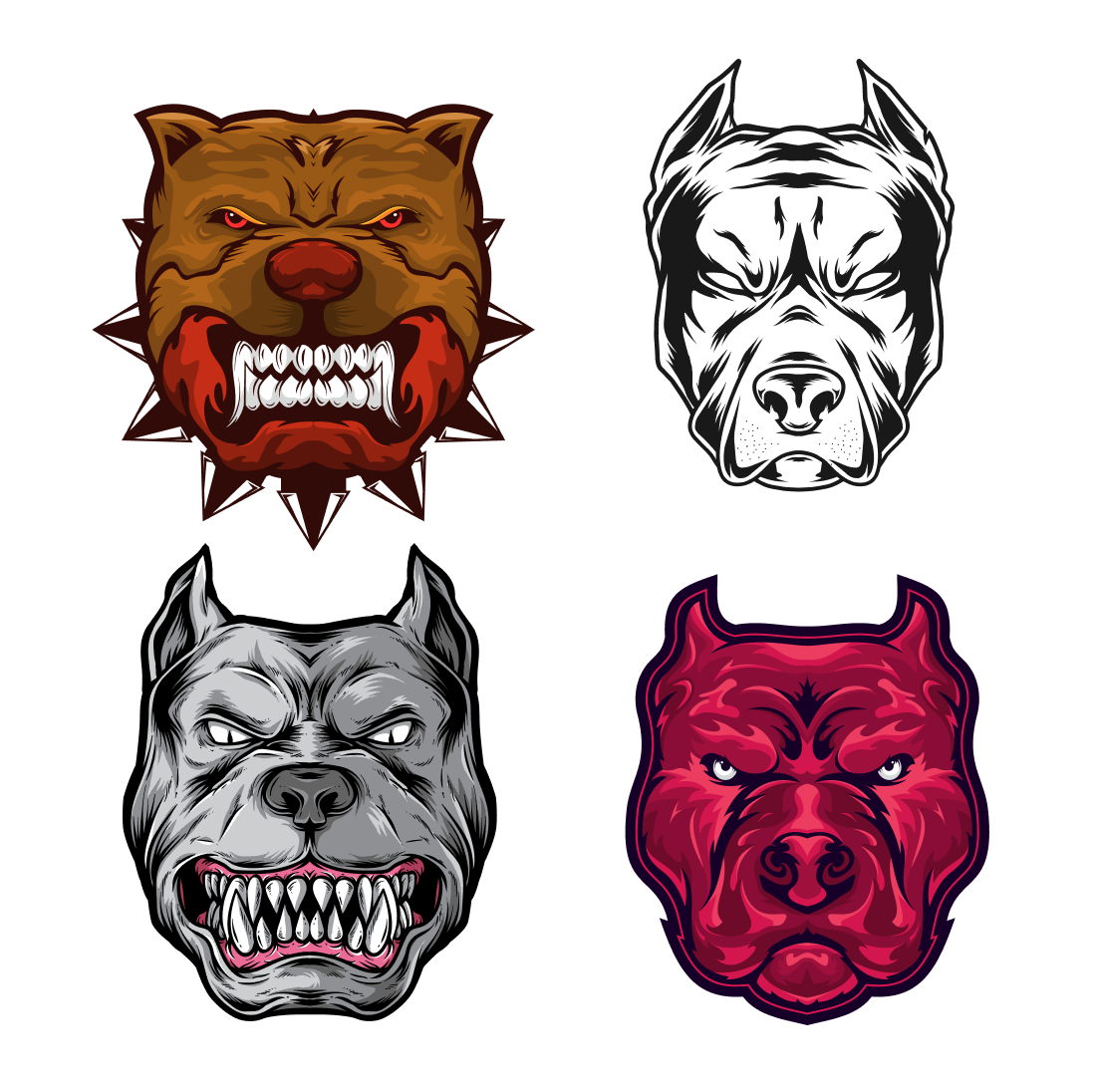 Set of four different colored dog heads.