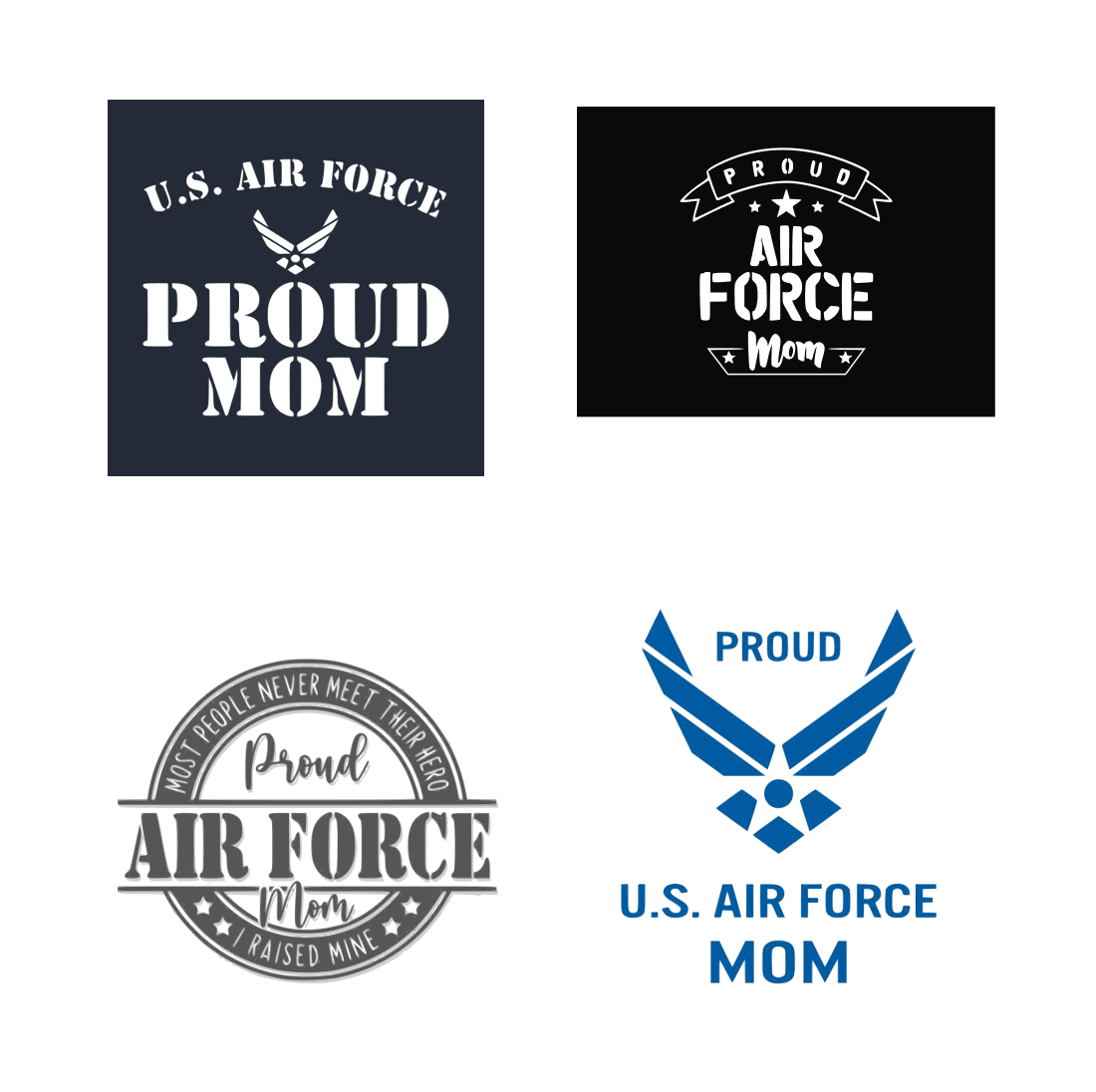 Four pictures with inscription "U.S. Air Force Proud Mom" on the dark and light backgrounds.