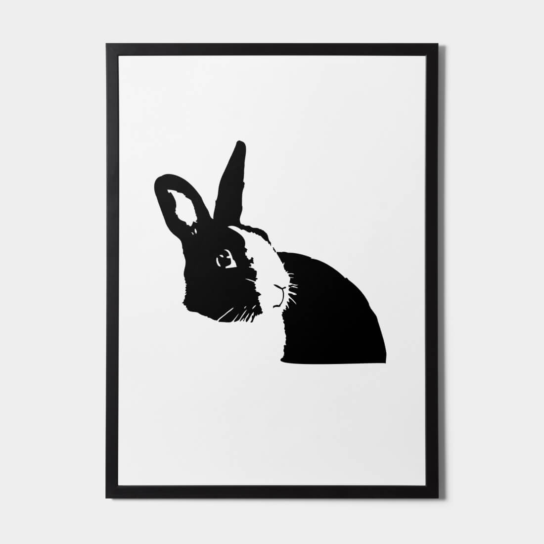 A black rabbit is drawn on a white picture.