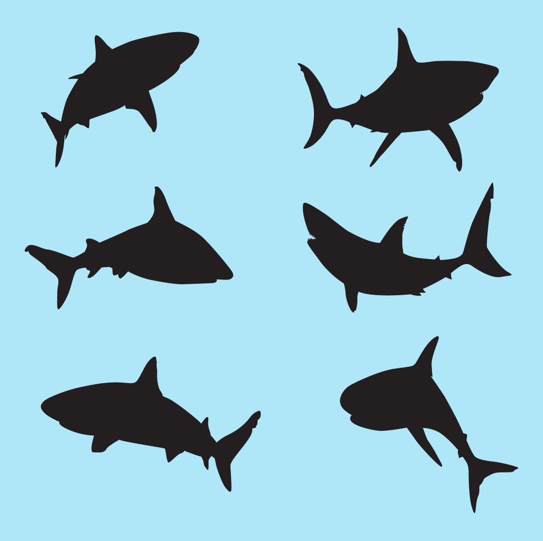 Image of silhouettes of predatory sharks on a blue background.