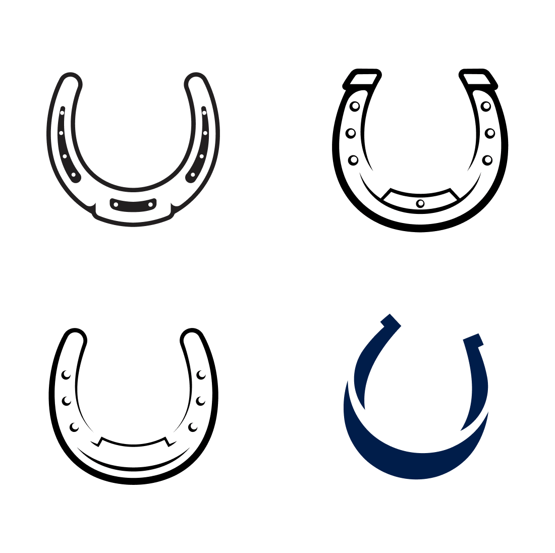 Four different types of horseshoes on a white background.
