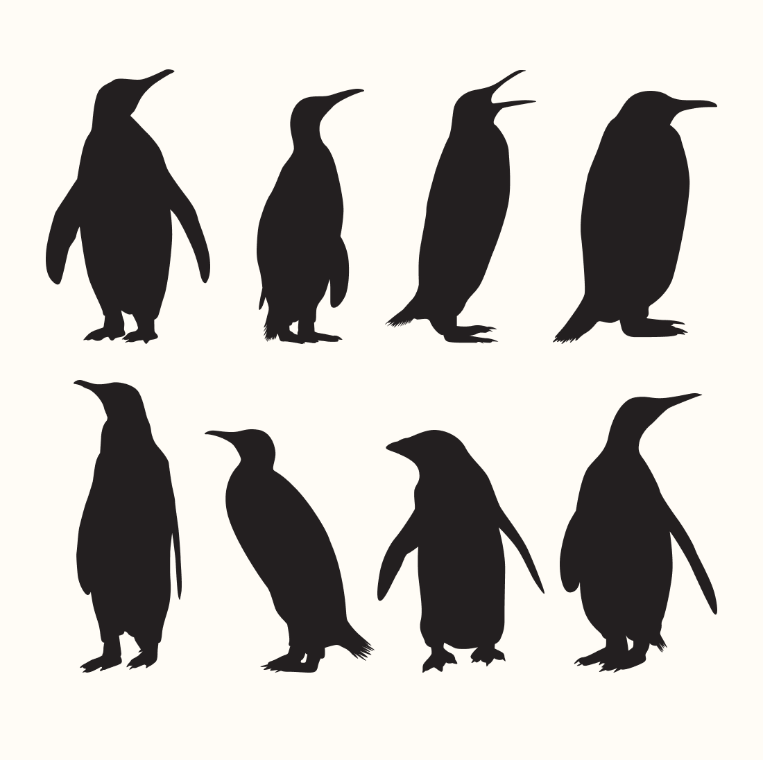 Set of penguins silhouettes on a white background.