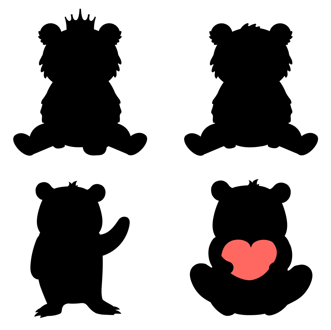 Set of four silhouettes of a bear holding a heart.