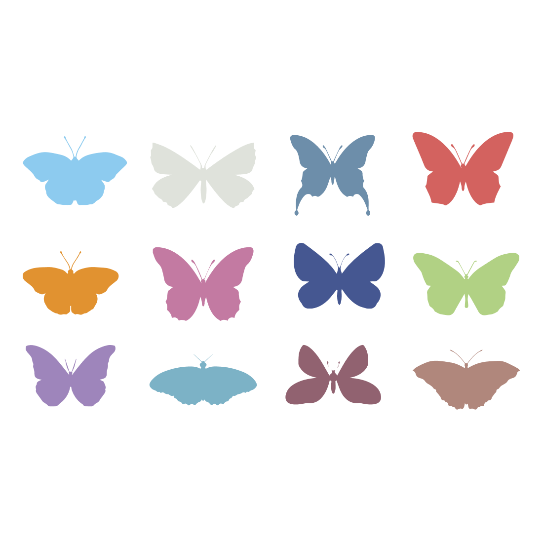 Group of different colored butterflies on a white background.