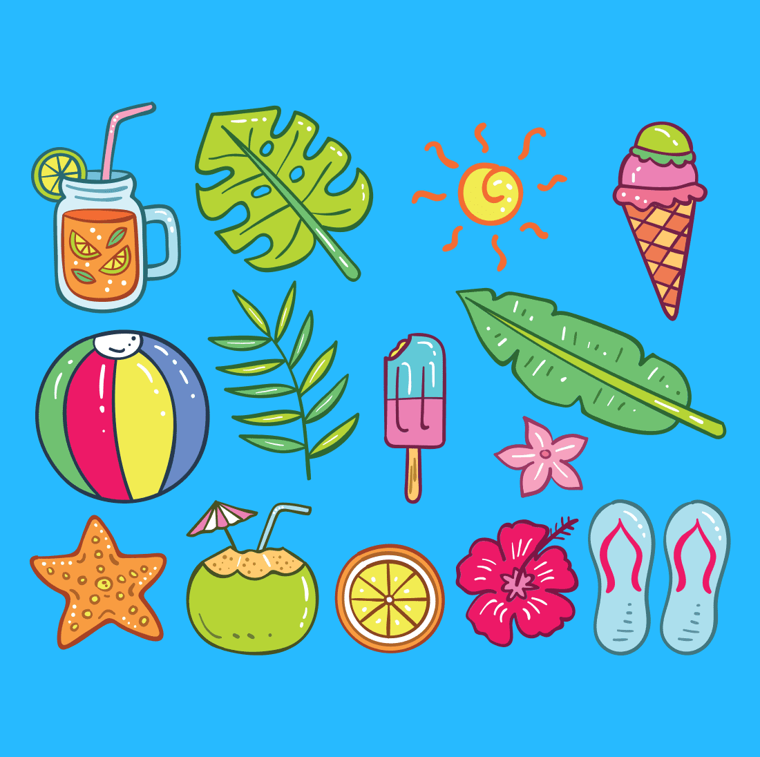 SVG image of a colored ball, summer shoes, ice cream, etc.