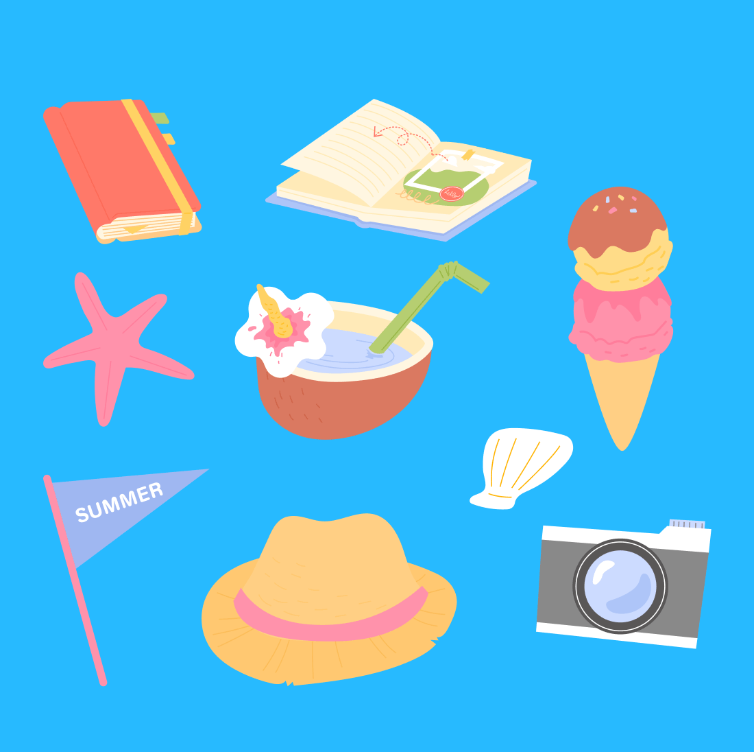 A book, ice cream, a camera - everything you need for a summer vacation.