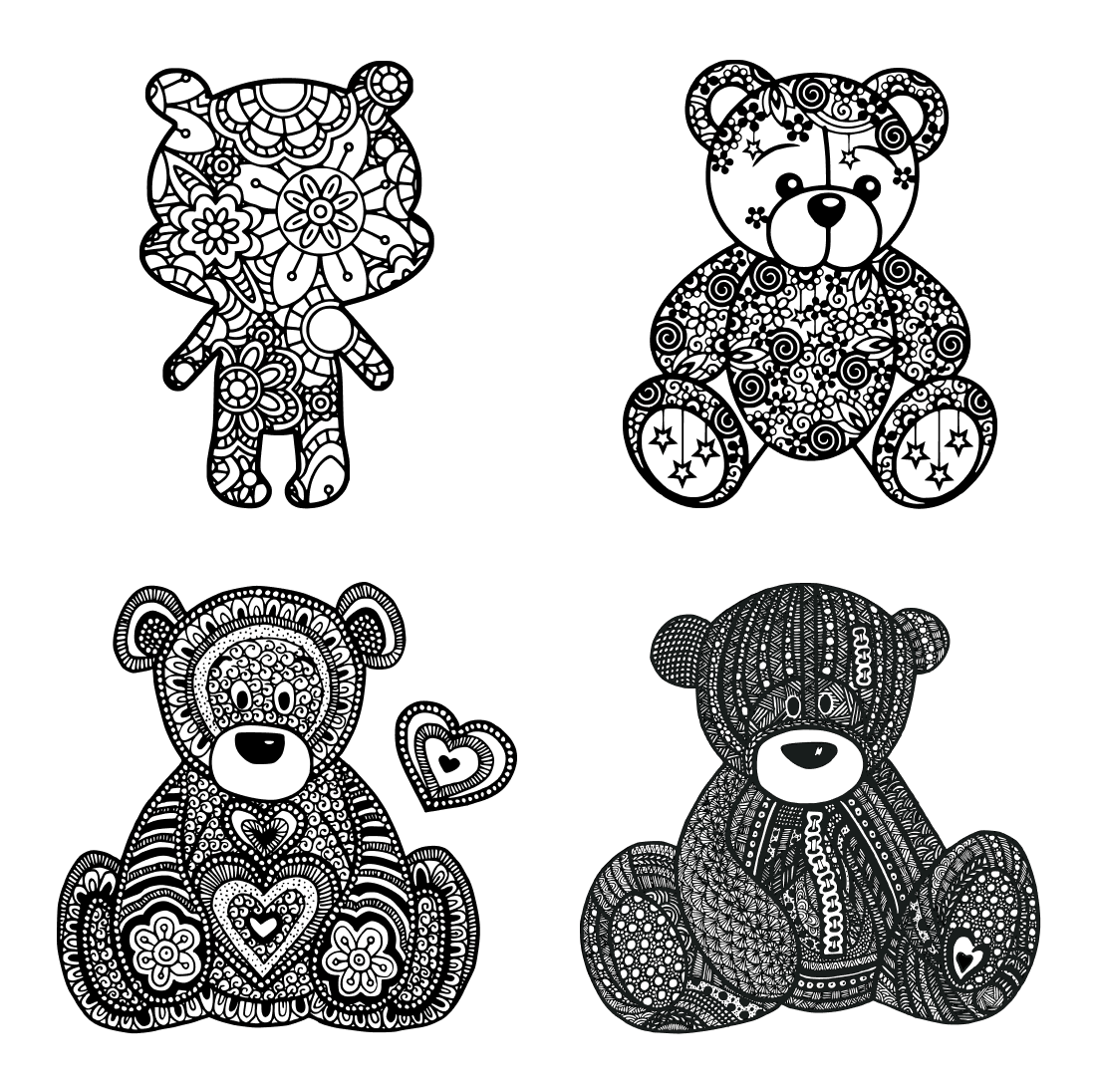 Four teddy bears with different patterns on them.