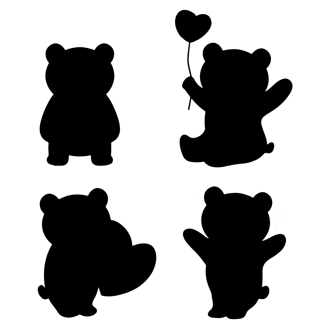 Set of four silhouettes of a teddy bear holding a heart shaped balloon.