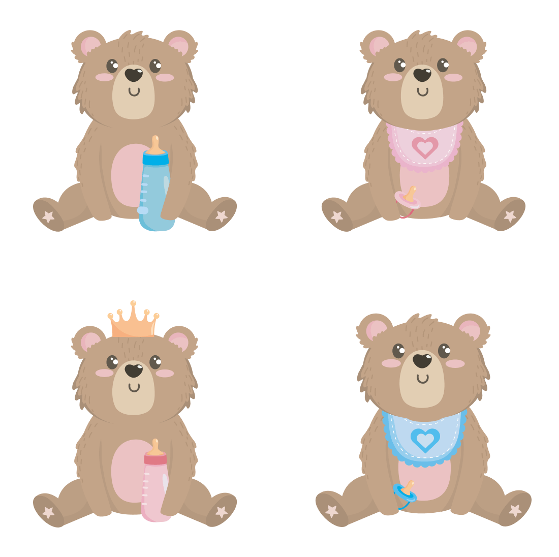Small teddy bears with bibs and stars on their paws.