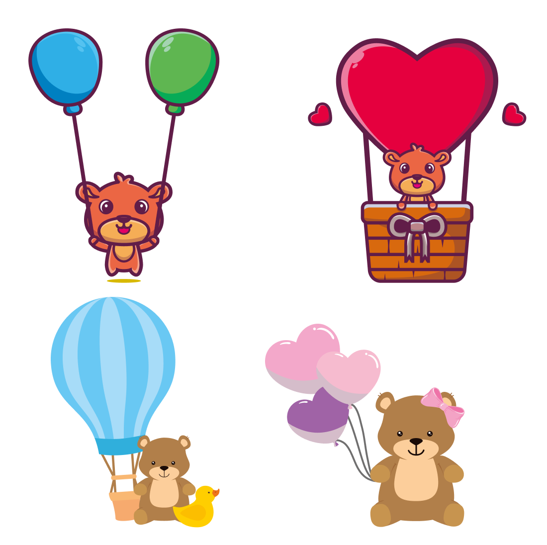 Couple of teddy bears flying in a hot air balloon.