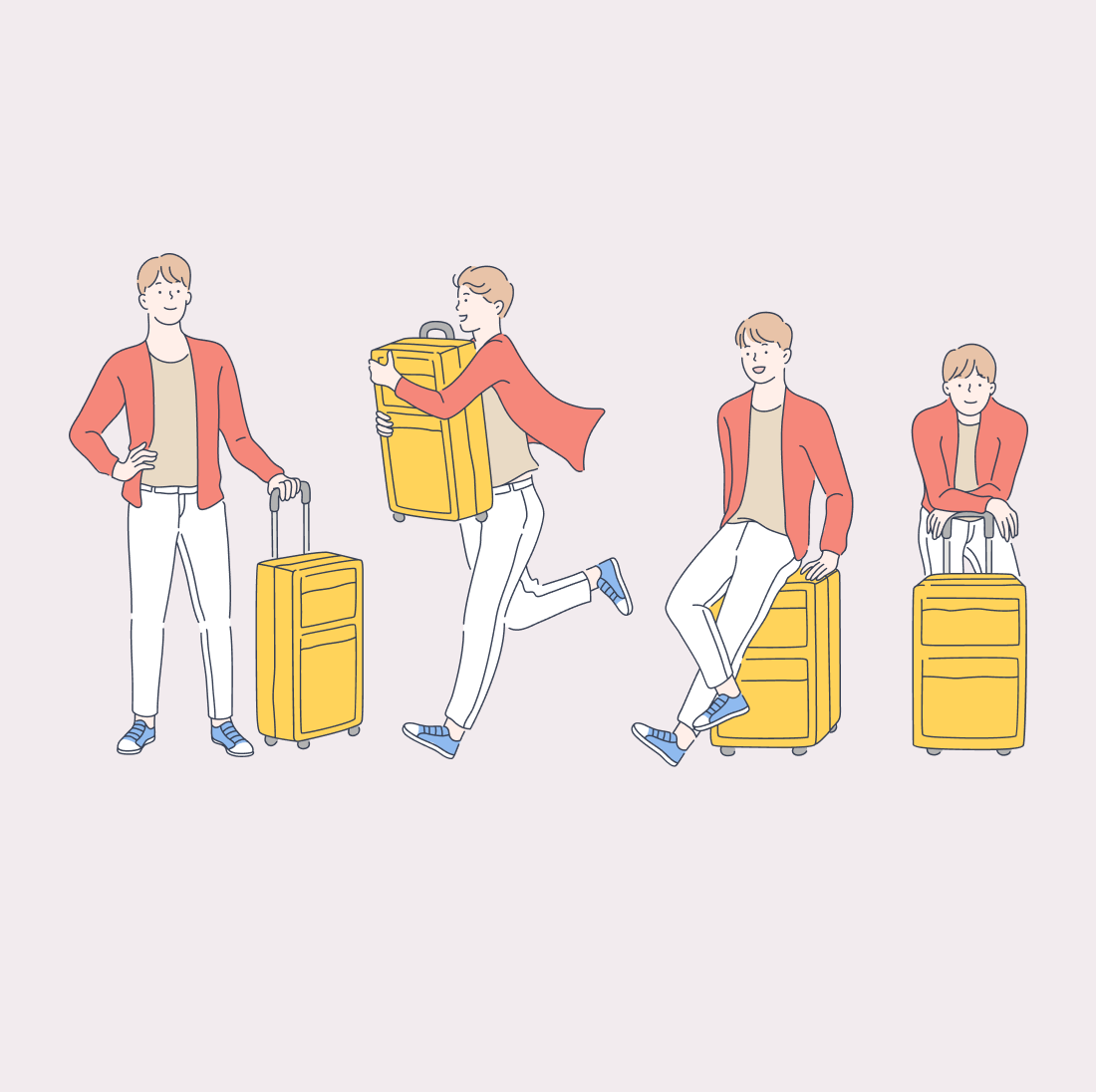A happy guy in a red jacket and a yellow suitcase is preparing for a trip.