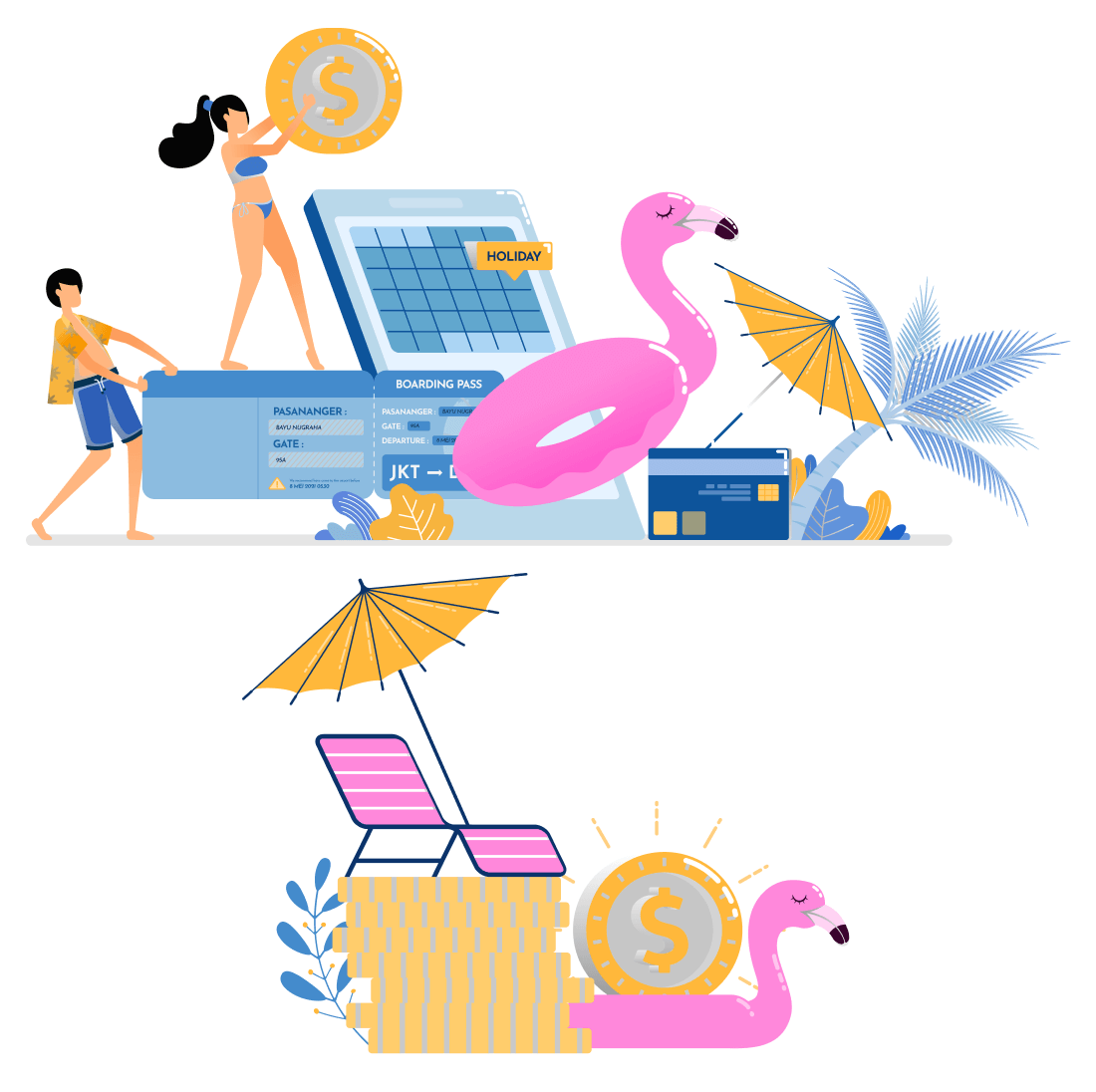 Travel fund for a vacation abroad, beach umbrellas and a pink flamingo.