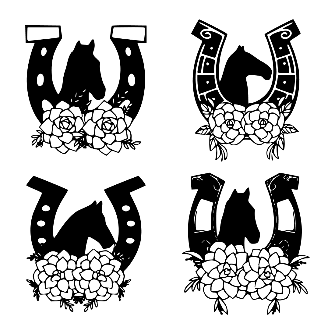 Set of four horse emblems with flowers.