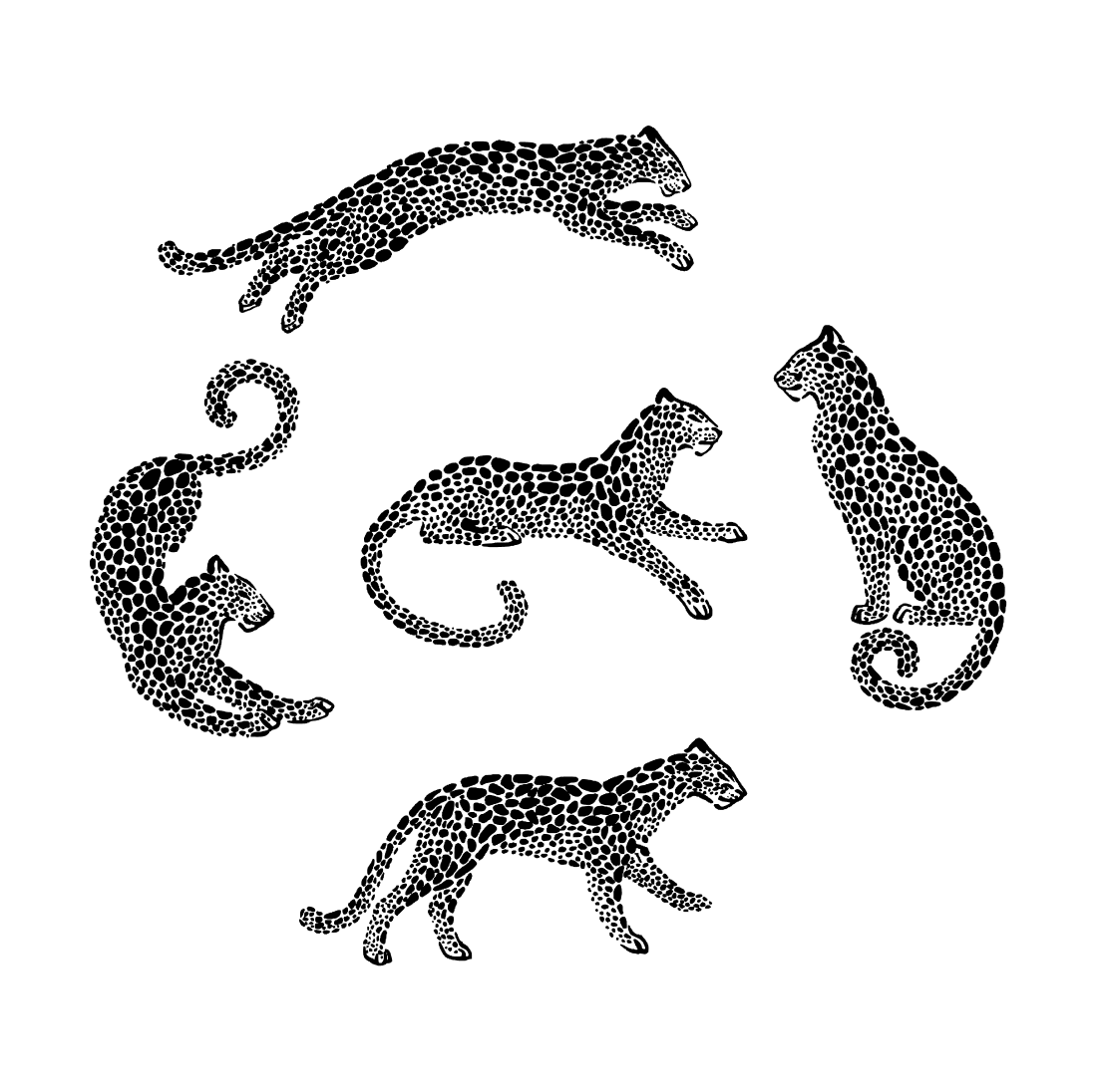 Three cheetah silhouettes in a circle on a white background.