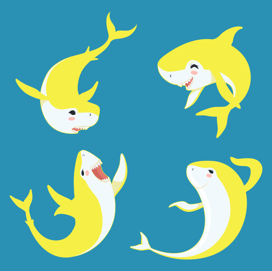A yellow baby shark yawns in the blue water.