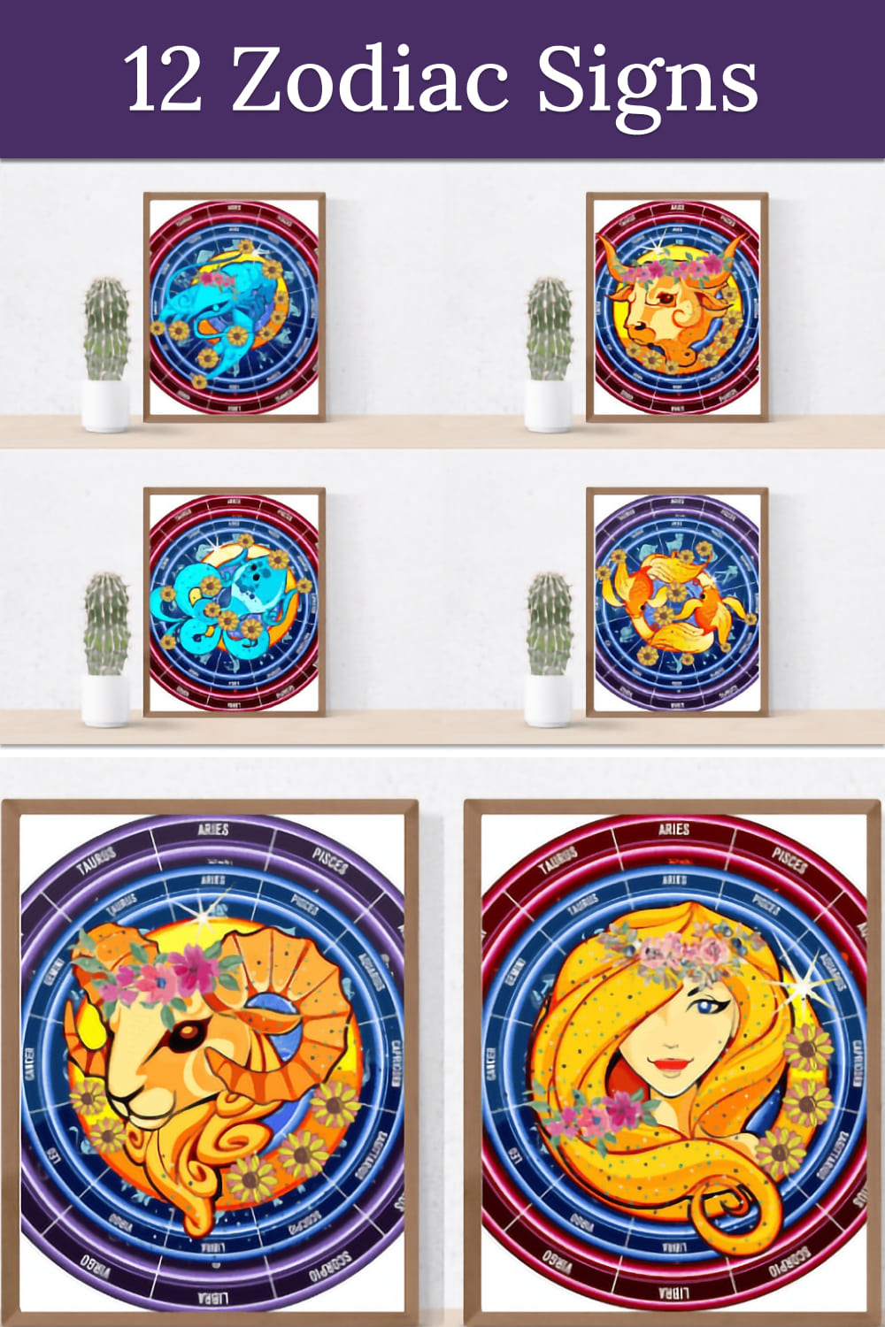 The pictures depict the colored signs of the zodiac to emphasize the interior.