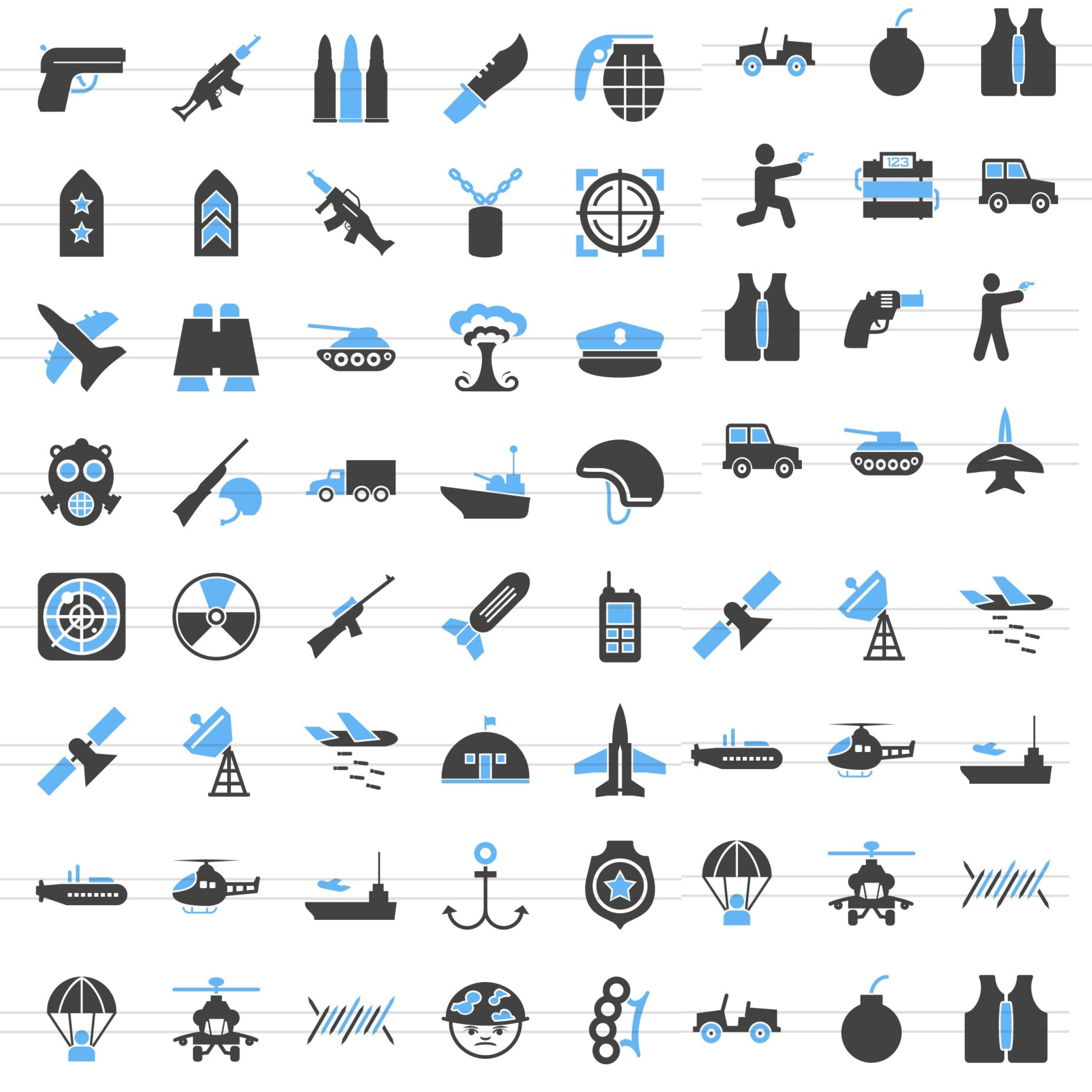 Icons with weapons are drawn in blue and black.