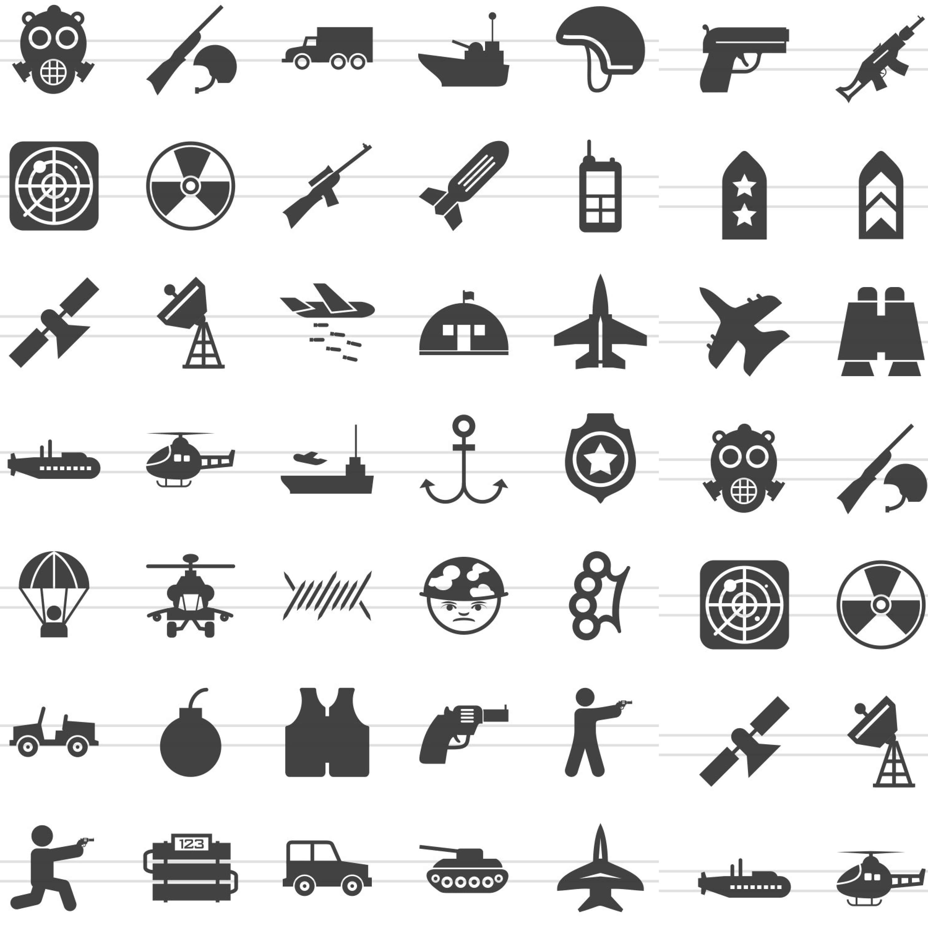 Small icons of a militarized theme: rockets, brass knuckles, bombs.