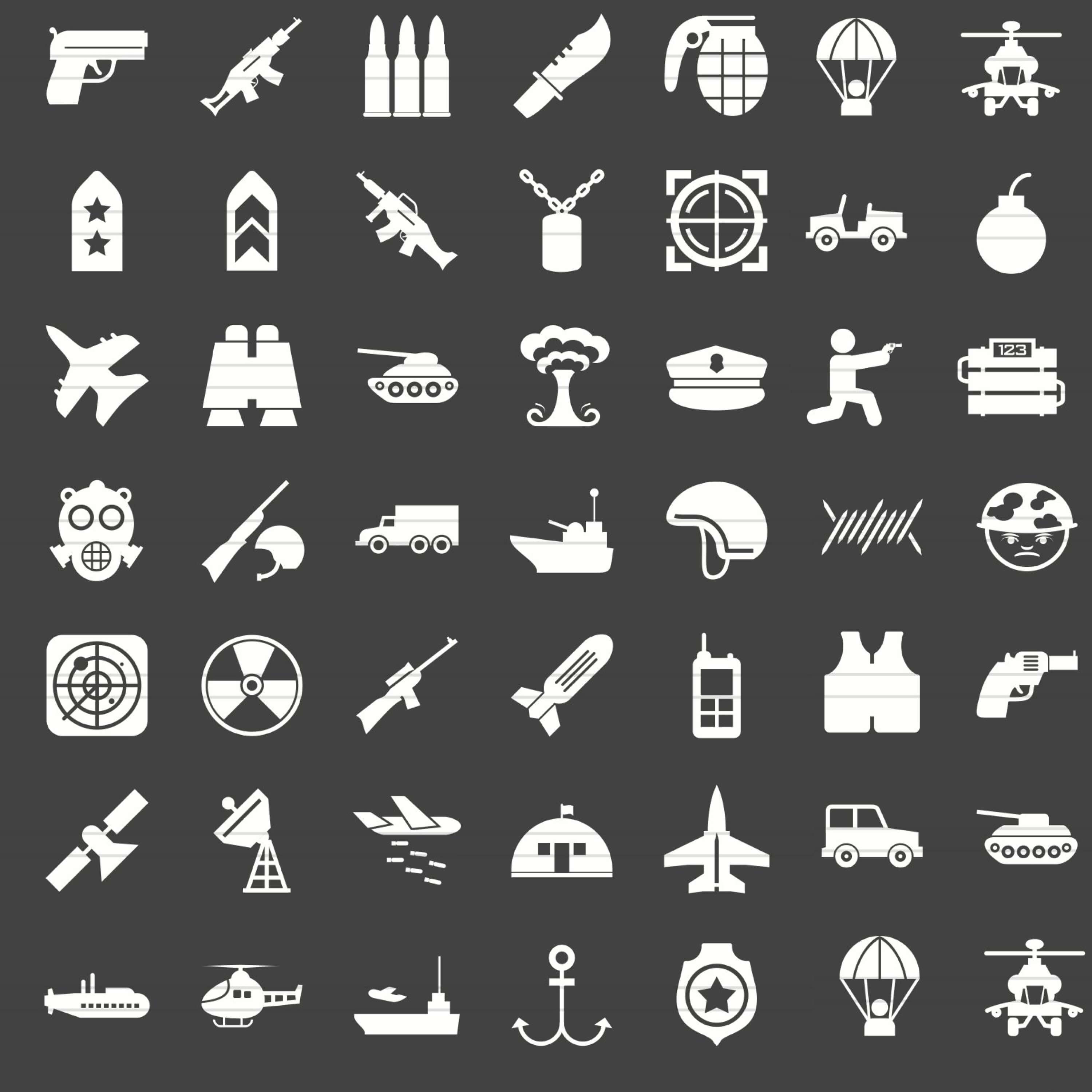White images of military equipment on a black background.
