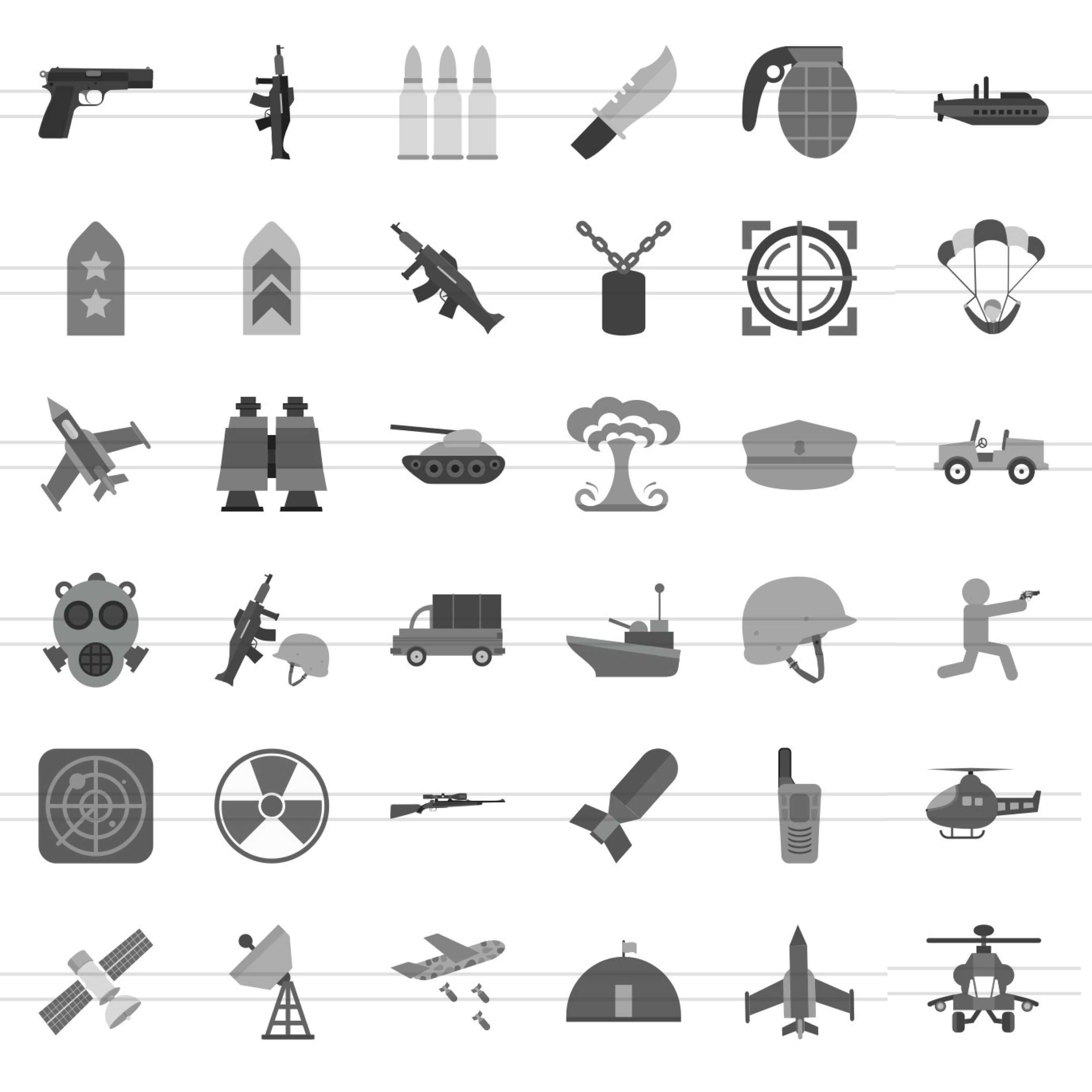 Gray icons of bombs, bulletproof vests and planes.