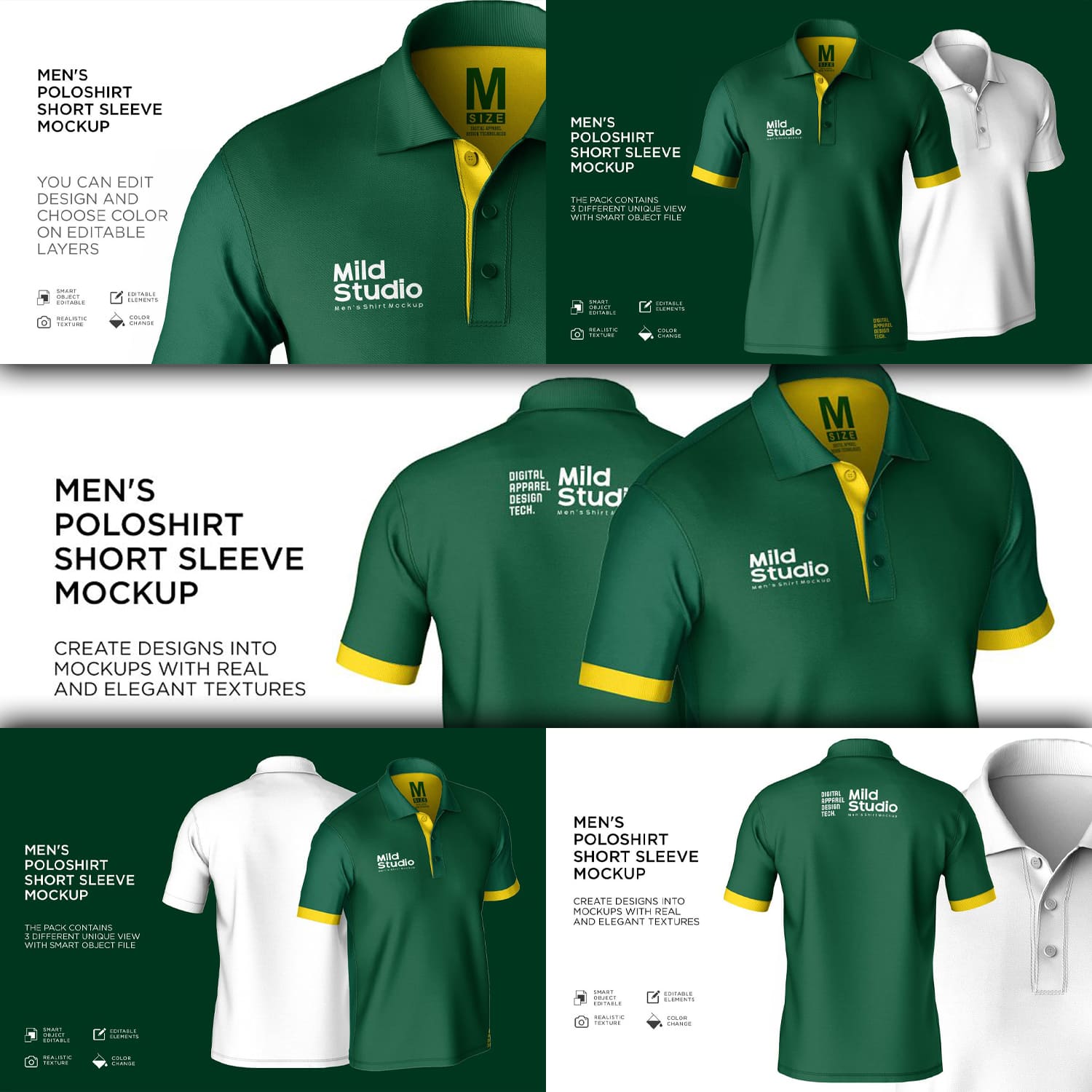 Men's t-shirts in green and white with logos.